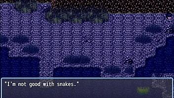 In nympho village part 3, blonde femdom cums on girl's thighs in public with monster cock