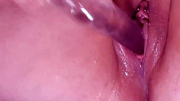 Does step-sister's pussy squirt with glass dildo?