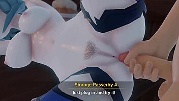 Eula from genshin impact in 3d animated group scene