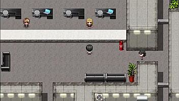 In nympho village part 3, blonde femdom cums on girl's thighs in public with monster cock