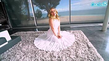 sexy blonde cosplays marilyn monroe, plays with huge toy on webcam