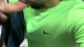 dotado guy sucks monster cock in bathroom, almost caught in sheer clothes