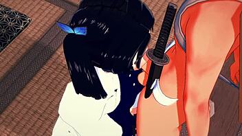 Aoi Kanazaki and Tanjiro share intense hentai passion with sucking and fucking in Japanese anime style.