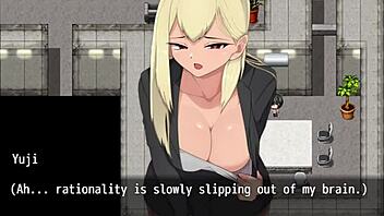 In nympho village part 3, blonde femdom cums on girl's thighs in public with monster cock