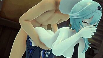 Eula from genshin impact in 3d animated group scene