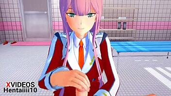 zero two gives an amazing blowjob in hentai!