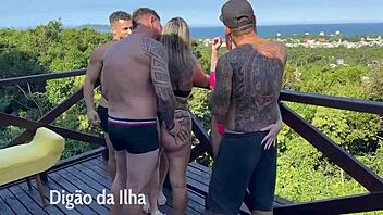 Beautiful Blonde and Redhead Bloggers Perform Blowbang and Ass Banging in Group Orgy on Balcony.