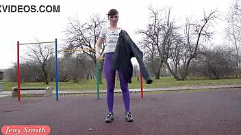 Jeny Smith in pantyhose doing outdoor workout