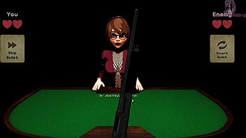 In x roulette 2, she lies on the table for doggy style blowbang with monster cocks and bukkake