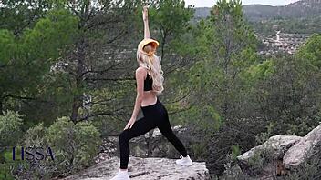 outdoor yoga turns steamy with stranger in forest setting