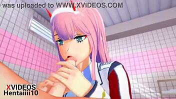 zero two gives an amazing blowjob in hentai!