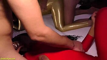 austrian stepsiblings in shiny catsuit party orgy with deepthroat action