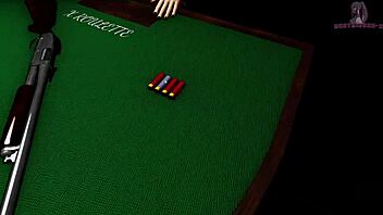 In x roulette 2, she lies on the table for doggy style blowbang with monster cocks and bukkake