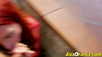 Jizzorama features public anal to mouth on redhead's big natural tits.