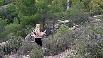 outdoor yoga turns steamy with stranger in forest setting