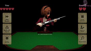 In x roulette 2, she lies on the table for doggy style blowbang with monster cocks and bukkake