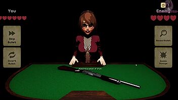 In x roulette 2, she lies on the table for doggy style blowbang with monster cocks and bukkake