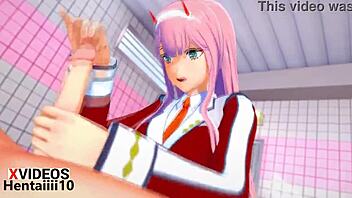 zero two gives an amazing blowjob in hentai!