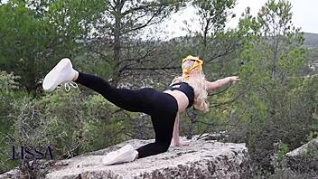 outdoor yoga turns steamy with stranger in forest setting