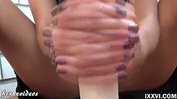 teen babe gives footjob and handjob with huge dildo