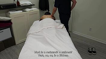 Petite Japanese girl seduced into double pounding during steamy massage