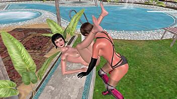 3d lesbian girl fisting on table in animated clip