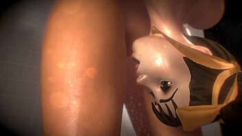 Chun Li and Laura Matsuda share a steamy shower in Street Fighter 3D, licking and masturbating with big wet tits