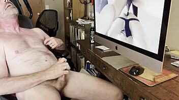 daddy cums masturbating with dildo watching gay porn solo