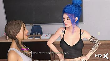 In this acting lesson, the girlfriend practices kissing her friend in a 3D anime scene