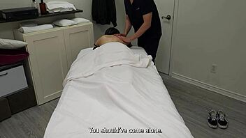 Petite Japanese girl seduced into double pounding during steamy massage