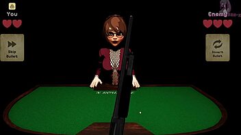 In x roulette 2, she lies on the table for doggy style blowbang with monster cocks and bukkake