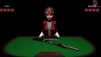 In x roulette 2, she lies on the table for doggy style blowbang with monster cocks and bukkake