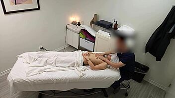 Petite Japanese girl seduced into double pounding during steamy massage