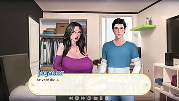 Naughty aunt teasing with giant tits on huge cock in anime