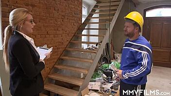 sexy blonde babe in heels gets facial from worker at work