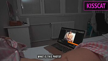 Hey, stepmom got distracted from work, so she gave a handjob in bed, then we banged!