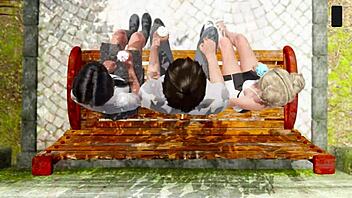 Интенсивный FFM секс на улице с молодыми девчонками в чулках