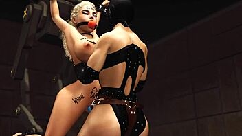 Strap-on slams horny blonde lesbian slut in tight restraints!