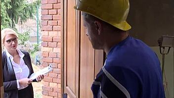 sexy blonde babe in heels gets facial from worker at work