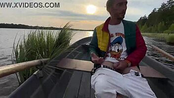 Amateur couple enjoys funny outdoor boat sex on the lake