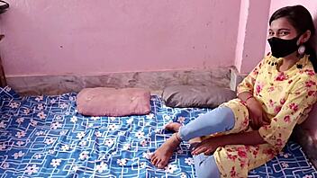 Two step-sisters share one guy for threesome with Hindi chat.