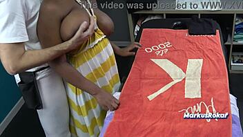 Husband sent his wife for a sensual massage with a black masseur on oiled huge tits.