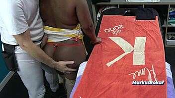 Husband sent his wife for a sensual massage with a black masseur on oiled huge tits.