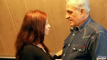 Red-haired woman gives thanks to the generous grandfather with sex