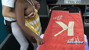 Husband sent his wife for a sensual massage with a black masseur on oiled huge tits.