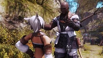 Black guy interacts with final fantasy xiv characters in fantasy setting