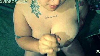 Chubby BBW amateur gets cum all over her big natural tits after blowjob 😍