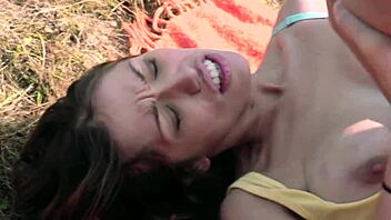 skinny petite 18+ lesbian girls get wild outdoors in steamy rough play