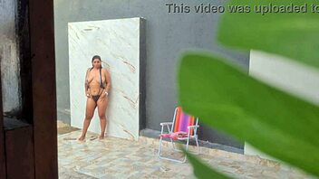 caught my hot neighbor showering in the backyard after a day at the beach