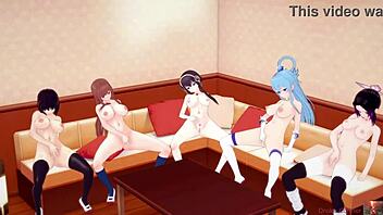 aqua, yor forger, ayane kotone and friends in a steamy all-girl orgy